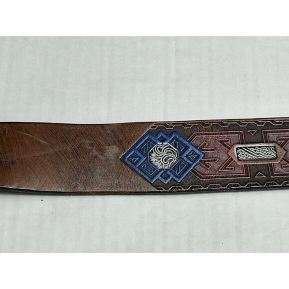 Western Saddle Leather Belt 32 Hand Painted Tooled Embossed Aztec Brass Buckle - Picture 11 of 14